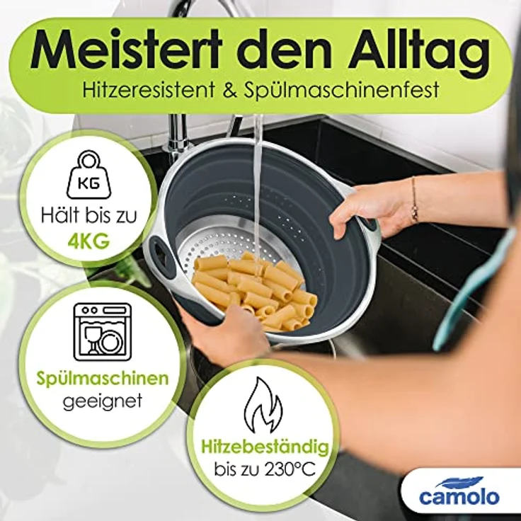 Camolo Nudelsieb Abtropfsieb Sieb Küchensieb Faltbar Klappbar, Silikon, Edelstahl – Bild 7