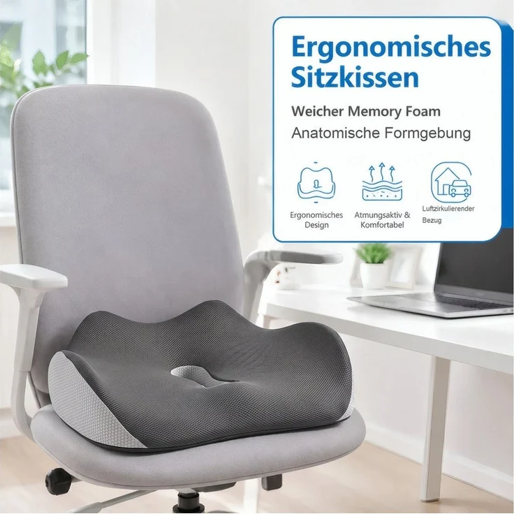 AIMAX Steißbeinkissen Hämorrhoiden Sitzkissen Orthopädisch Ergonomisch Multi-Stützkissen, Memory-Foam Sitzkissen für Bürostuhl, Auto & Zuhause, Rollstuhl, 1-tlg, Rutschfest, Atmungsaktiv, Komfortkissen mit waschbarem Bezug, Stuhlkissen zur Linderung vo... – Bild 3