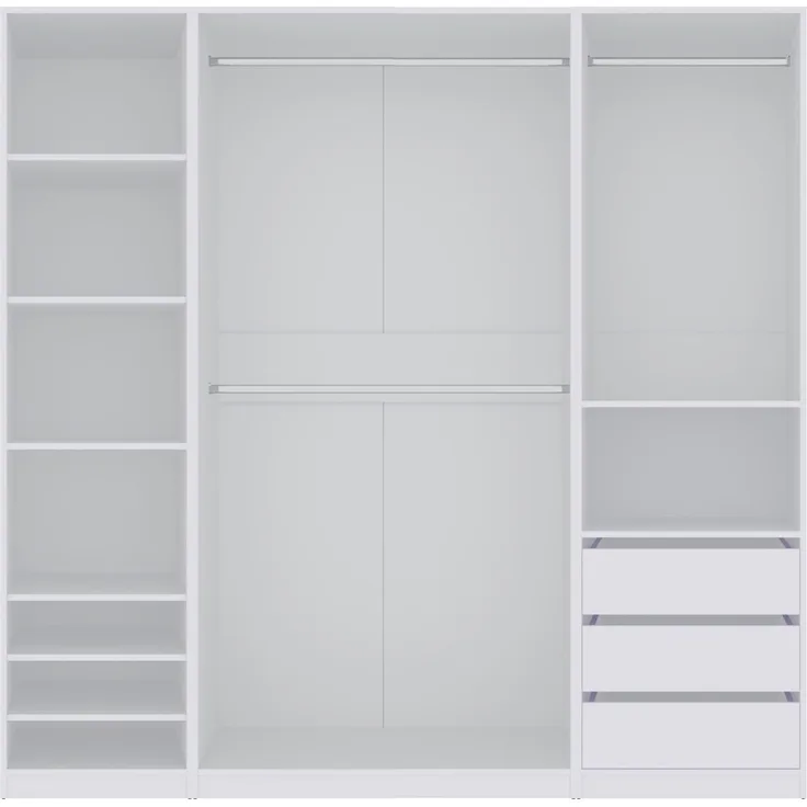 Marmex Möbel TRES SET J(B) Kleiderschranksystem, offener Kleiderschrank mit Kleiderbügeln, Regalen, Schubladen, multifunktionales Kleiderschrankset für Schlafzimmer, laminierte Spanplatte, weiß, 210x206x51 cm