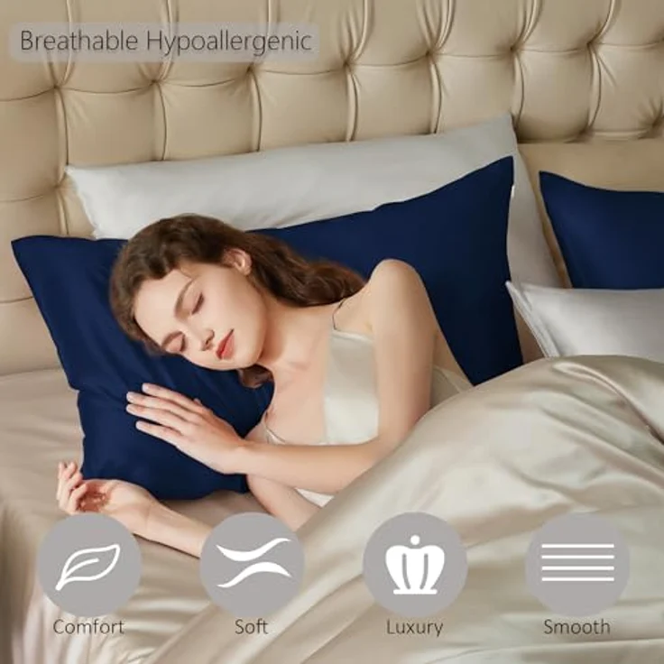 townssilk Beidseitig 100% 19mm Pure Maulbeerseide Kissenbezug für Haar und Haut Gesundheit, 1 Stück 50x50cm Größe Kissenbezug mit verstecktem Reißverschluss 600 Fadenzahl Navyblue – Bild 2