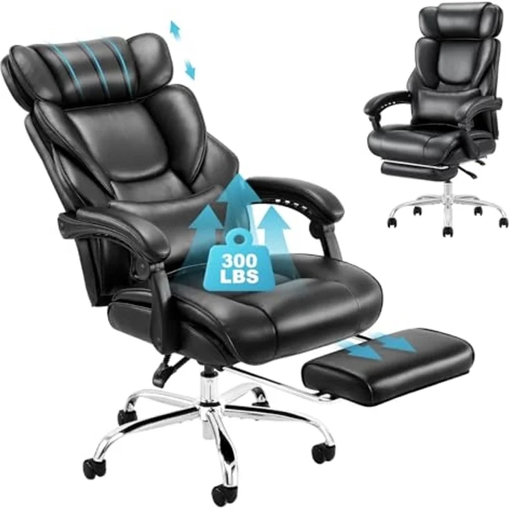 COLAMY Office Chair with Footrest-Ergonomic High Back Design Executive Computer Desk Chair with Removable Lumbar Pillow, 90-135°Reclining, Thick Bonded Leather for Home Office Work Comfort, Black – Bild 1