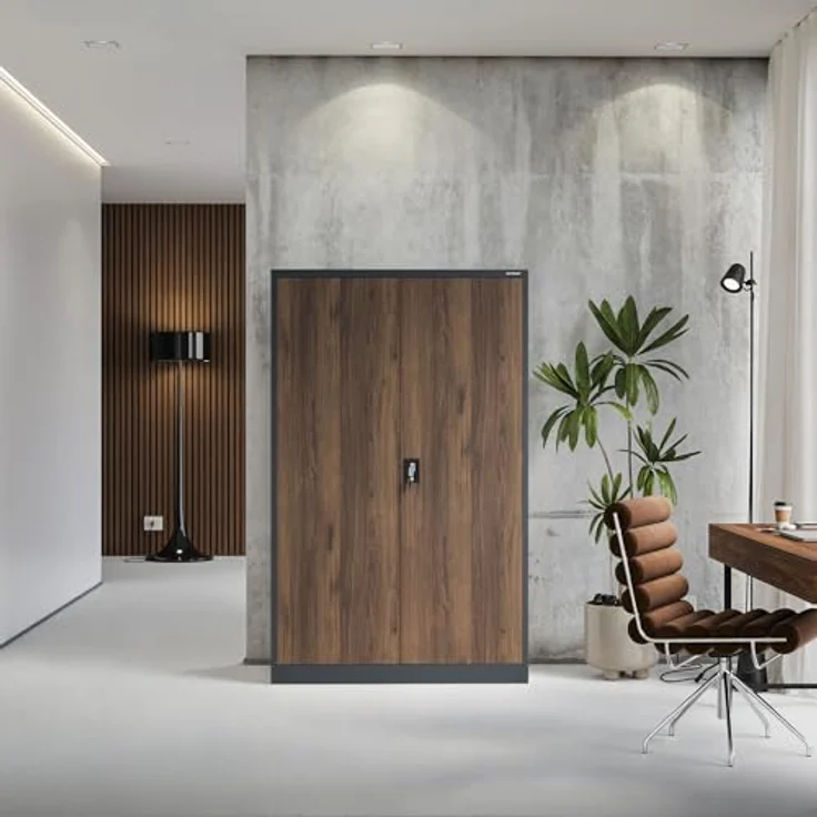 Jan Nowak Aktenschrank Metall 185 x 115 x 40 cm Büroschrank abschließbar Stahlschrank mit 4 verstellbaren Einlegeböden Dokumentenschrank Antrazit Nussbaum – Bild 10