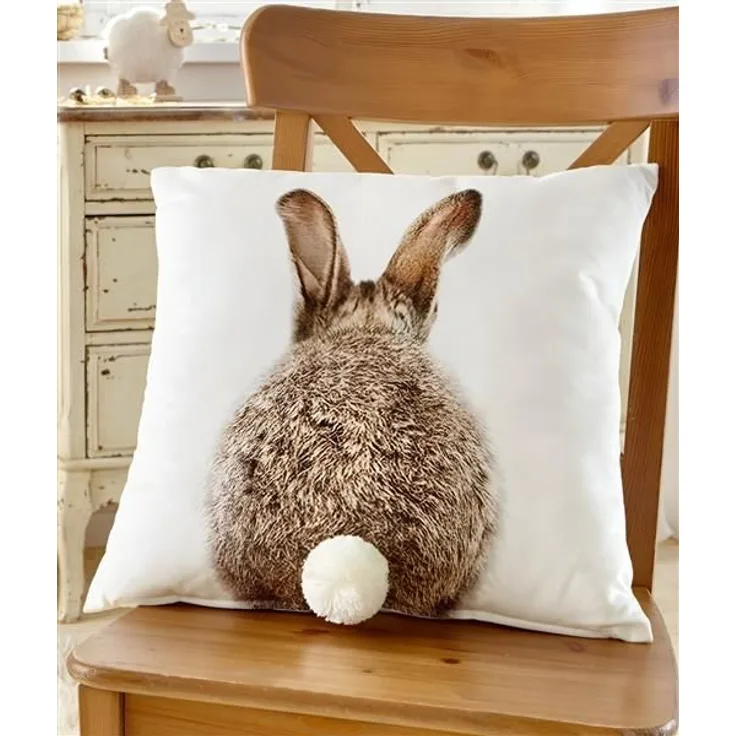 Kissenhülle "Hase" 45x45 cm, mit angenähtem Pompon-Schwänzchen, Kissenbezug, Osterkissen, Zierkissenbezug