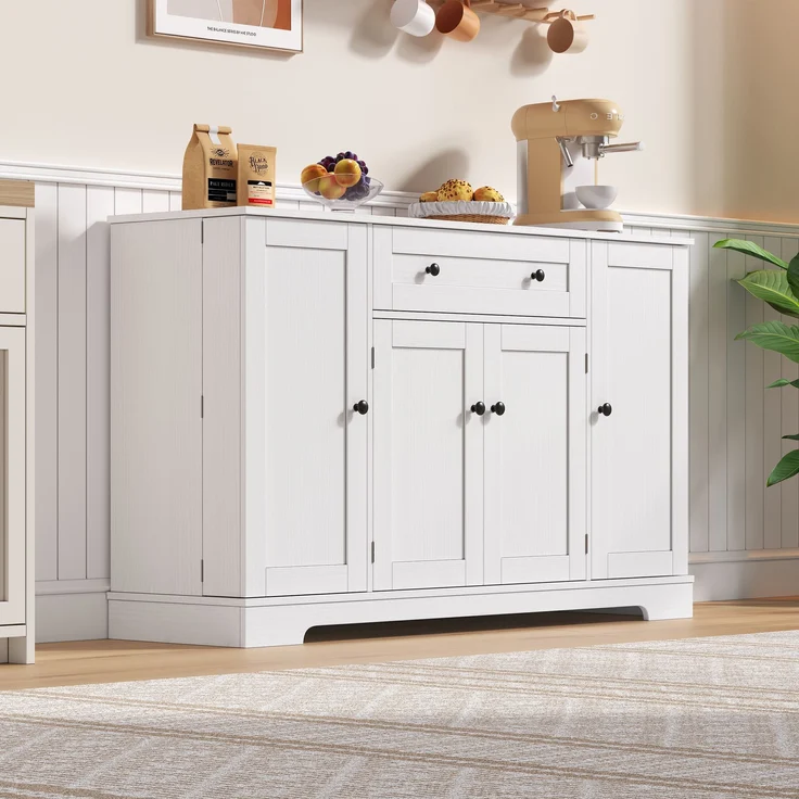 Buffet-Anrichte 85x40x138 cm mit Schublade, Regaltüren und verstellbaren Einlegeböden in Weiß – Bild 2