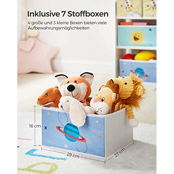 Songmics Kinderregal, mit 7 Aufbewahrungsboxen, MDF / Vliesstoff weiß, 60 x 29,5 x 62,5 cm – Bild 4