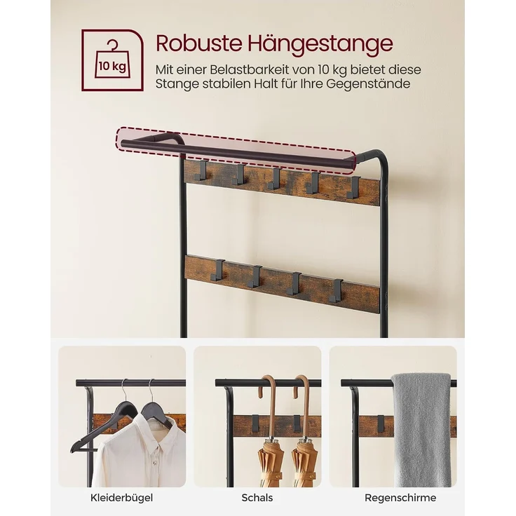 Vasagle Kleiderständer Garderobenständer rustikal mit 9 Abnehmbaren Haken Schuhregal mit Sitzfläche 3 Ablagen Holz Metall 72 x 183 x 33.7 cm Vintage von Songmics HSR40B – Bild 4