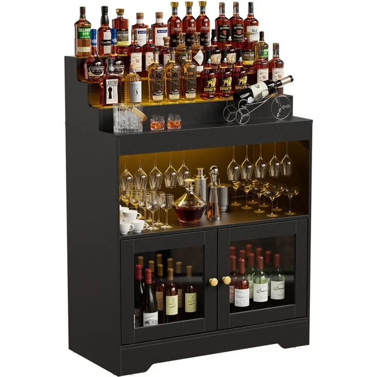 PEALOV Barschrank mit RGB-LED-Beleuchtung, Weinschrank mit Weinglashalter und Glastüren (1-St) 3-stöckiges Flaschenregal, Küchenschrank, Pantryschrank, 79,8x108cm