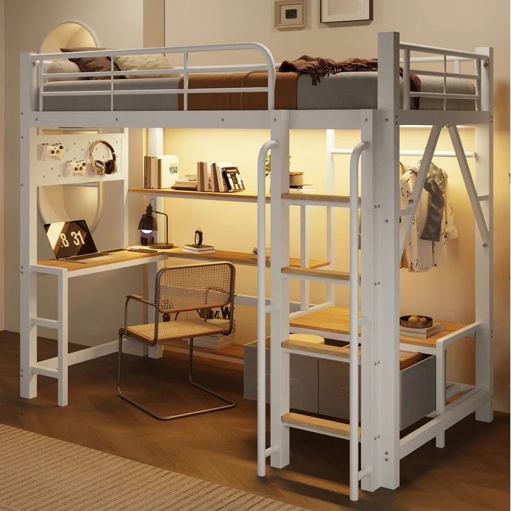 Hochbett 90x200 cm in Weiß mit Schreibtisch, LED-Lichtleiste und Stauraum – Ohne Matratze – Bild 4