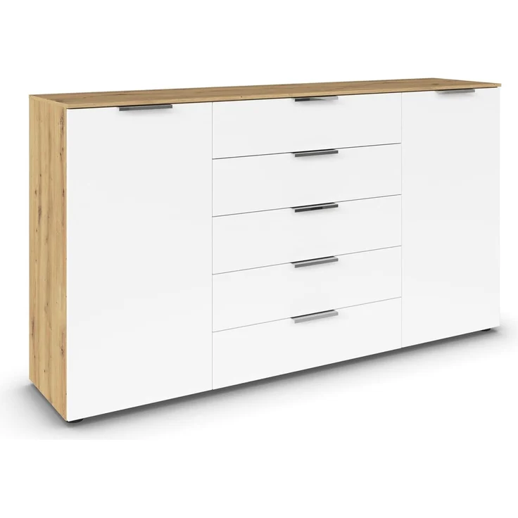 Rauch Möbel Flipp, Kommode für Schlafzimmer, Kinderzimmer, Wohnzimmer, Jugendzimmer, Flur, Garderobe, 2-türig, 5 Schubladen, mit Softclose-Funktion, Farbe Eiche Artisan, Holz/Weiß, Breite 180 cm – Bild 1