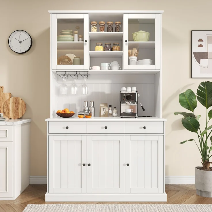 Buffetschränke, Esszimmer-Hochschrank 120×40×191 cm, mit Glastüren, Gläserhalter, mehrstufigem Stauraum, integrierter Steckdose sowie USB-C- und USB-A-Anschlüssen, Weiße und schwarze Griffe--Weiß--120x40x191cm--YOUDENOVA – Bild 8