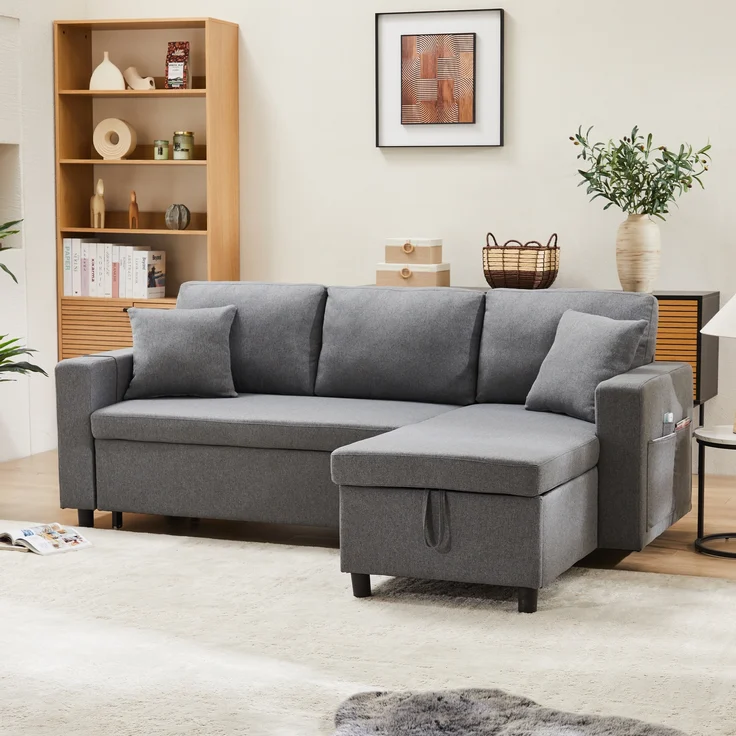 Multifunktions Sofa mit verstellbarer Chaiselongue & Staufach, Leinen, 219,5x142,5x83 cm, Dunkelgrau – Bild 1