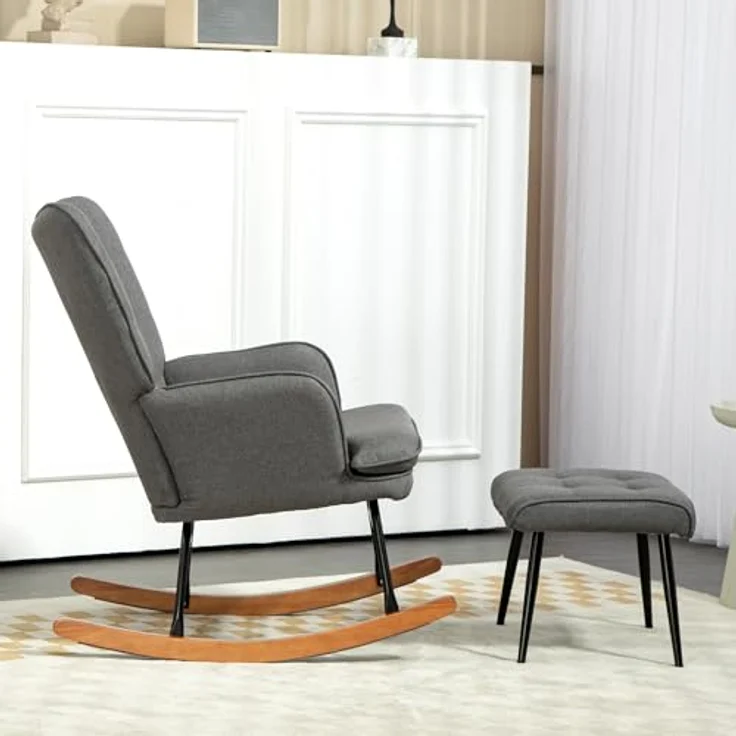HOMCOM Schaukelsessel mit Hocker, Relaxsessel mit Leinenoptik (Armlehnsessel, 2-St, Schwingsessel), für Wohnzimmer, Schlafzimmer, Schwarz+Dunkelgrau – Bild 8