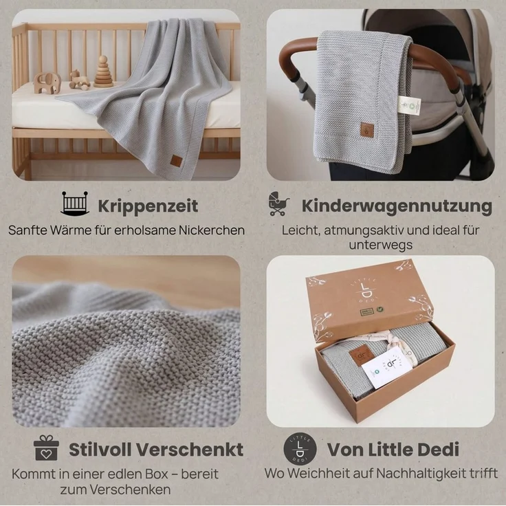 Babydecke Baby Strickdecke, %100 Bio Baumwolle, Atmungsaktiv, 80x100cm, Silber, Little Dedi – Bild 3
