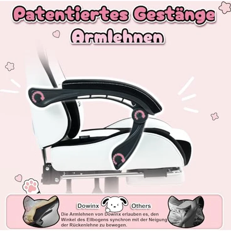 Dowinx Gaming Stuhl - Süße Hund Edition - Ergonomischer Computerstuhl mit Hoher Rückenlehne und Lendenwirbelstütze, PU-Leder, Fußstütze, Weiße Hund – Bild 7