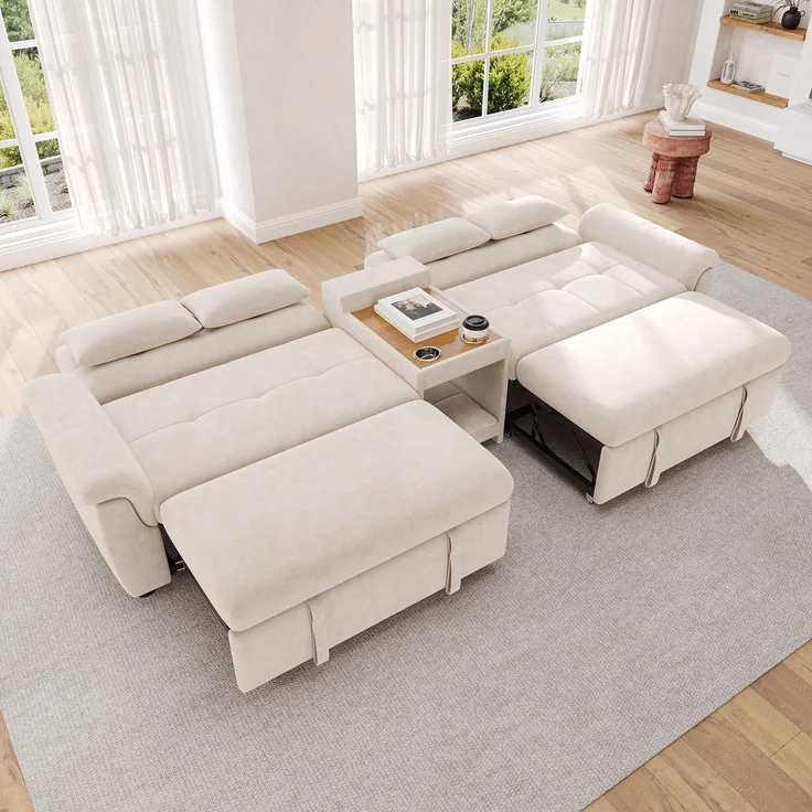 ZUBALIYA Schlafsofa 102x54.5 cm, mit Stauraum, mit Ausziehbett, mit Chenille - Bezug, mit breiten Armlehnen, Beige – Bild 11