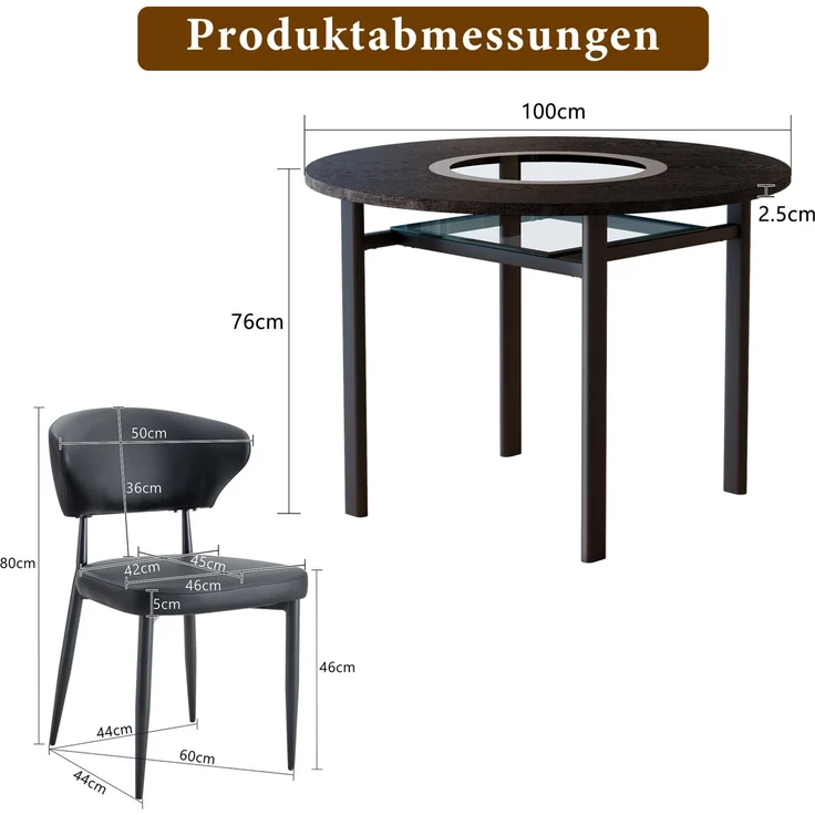 Essgruppe mit rundem Tisch Ø 100x76 cm, Glasablage und PU-Sitzen, Schwarz – Bild 4
