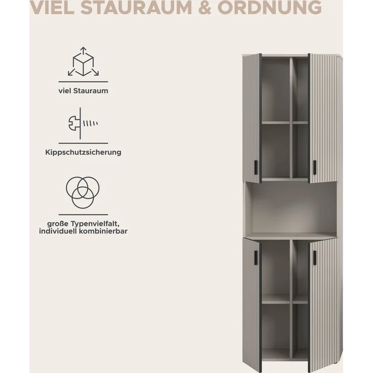 xonox. home – Badschrank Mone 60 x 192 x 30 cm in Kaschmir Nb – Breiter Hochschrank mit 4 Türen, 8 Fächern & offenem Fach – Maximaler Stauraum für Badutensilien, geradlinig & hochwertig verarbeitet – Bild 10