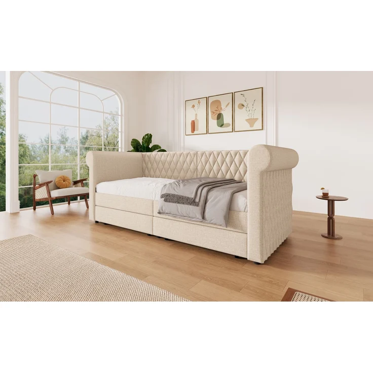 Schlafsofa aus Leinen mit 2 Schubladen & Lattenrost, 90x200 cm, Beige, ohne Matratze – Bild 5