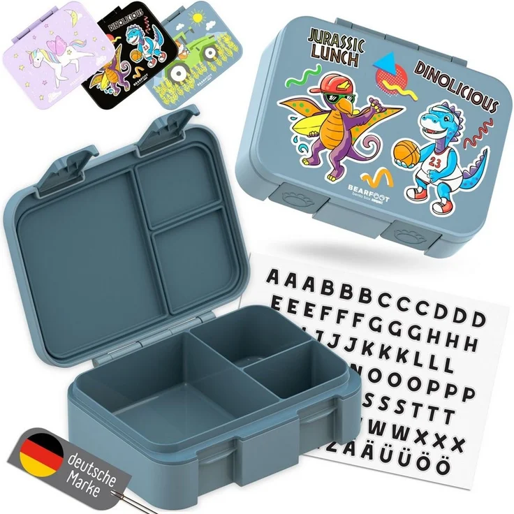 BEARFOOT Lunchbox Brotdose mit Fächern, leicht & auslaufsicher - Dinos blau, PP, ABS, Silikon, Kindergarten und Schule - Mädchen und Jungen, Vesperbox, Snackbox – Bild 1