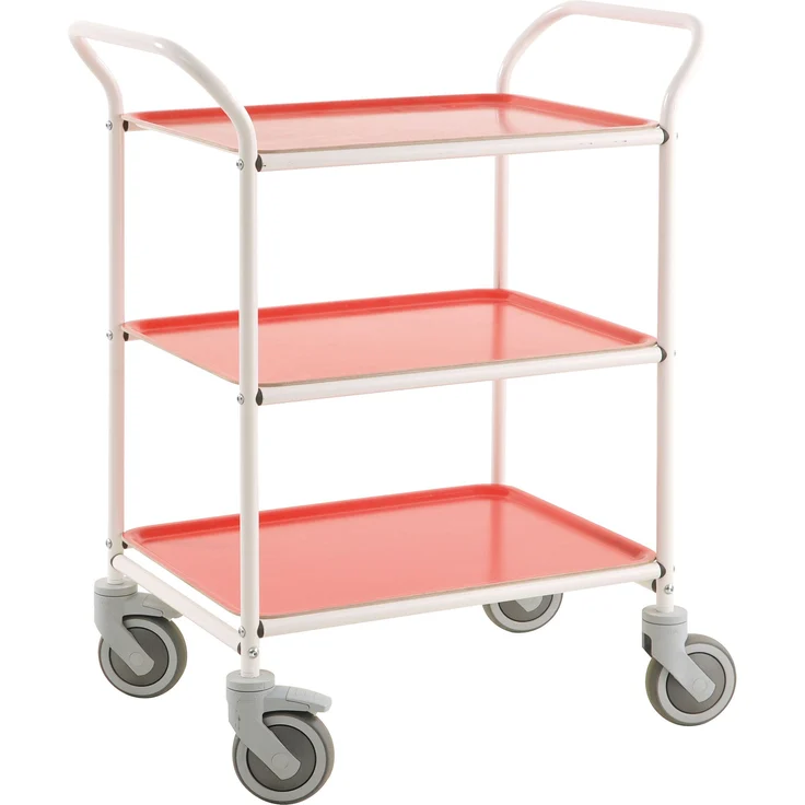 Kongamek Tablettwagen 770x495x960mm weiß pulverbeschichtet mit Bremse und 3 Tabletts in rot