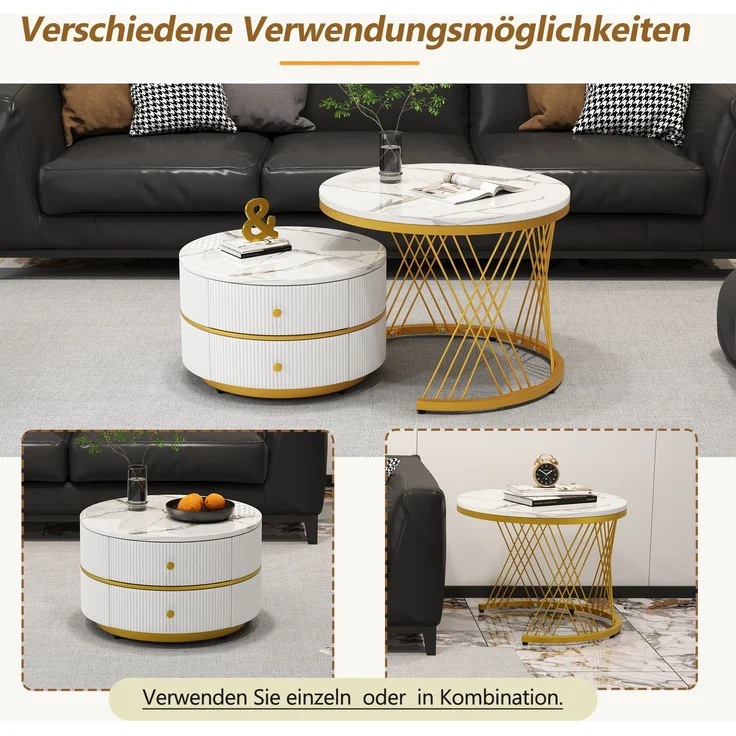 2-teiliges Couchtisch-Set mit Marmoroptik, runde Beistelltische mit Schubladen, Hochglanz Weiß, MDF Wohnzimmertische Set – Bild 7
