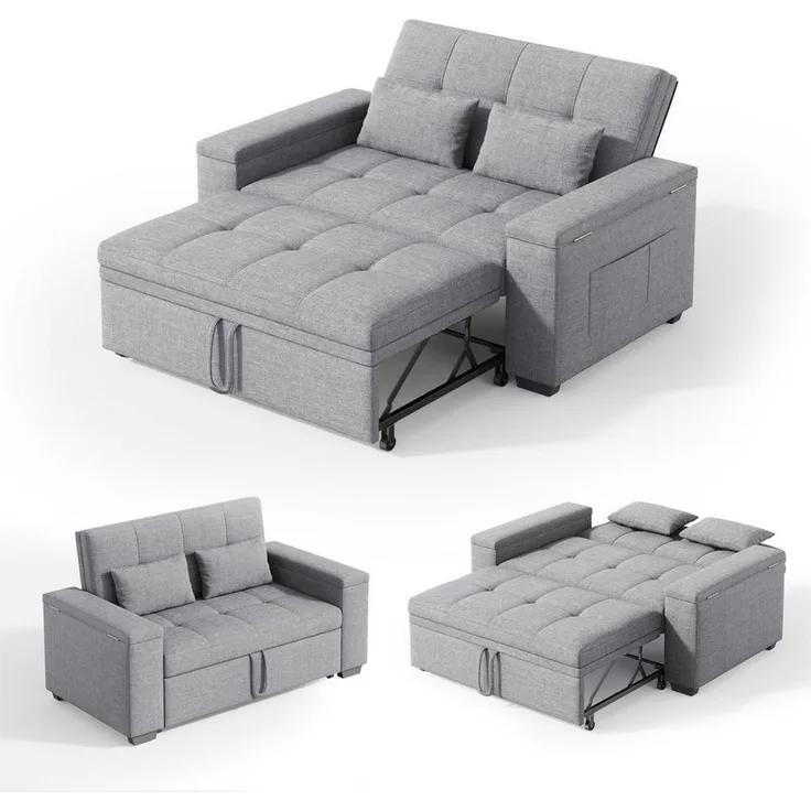 Blishom Schlafsofa 2-Sitzer-Sofabett mit verstellbarer Rückenlehne, Ausziehbares mit Kissen und Seitentasche Armlehne mit Staufach