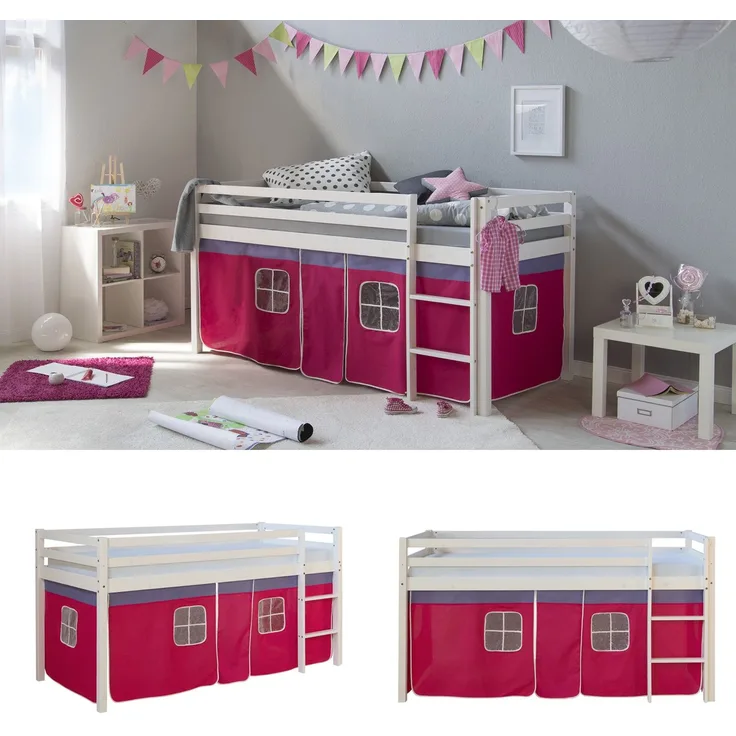 Hochbett Spielbett Kinderbett Leiter Kiefer Vorhang rot 90x200 Jugendbett