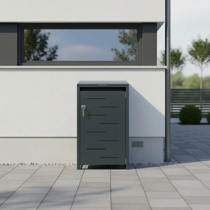 STEELSØN 'Diorus' Mülltonnenbox 1er 240 Liter, anthrazit, Mülltonnenverkleidung aus Stahl mit Sichtstreifen, wetterfest, 116x80x69 cm, abschließbare Müllbox für 1 Tonne – Bild 7