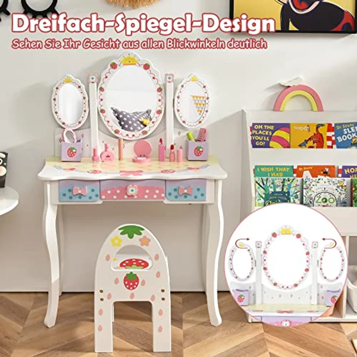 COSTWAY Kinder Schminktisch Set, Prinzessin Frisiertisch mit Klappbarem Spiegel, Schminkhocker und 3 Schubladen, Make-up Schminktisch Frisierkommode für Kinder Mädchen (Weiß) – Bild 3