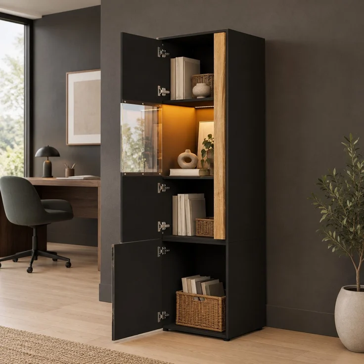 Vitrine 50x40x179 cm mit LED-Beleuchtung, 2 Türen, Schwarz/Natur – Bild 1