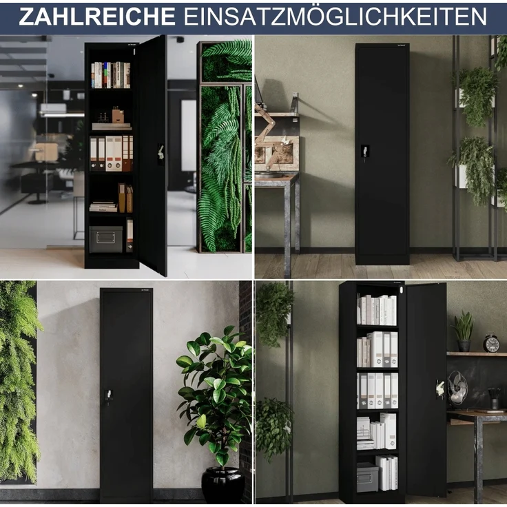 Aktenschrank abschließbar KADO - 5 Ebenen verstellbar, Flügeltüren | Metallschrank Werkstatt Mehrzweckschrank Büroschrank aus Stahl Werkzeugschrank, 185x45x40cm Schwarz – Bild 6