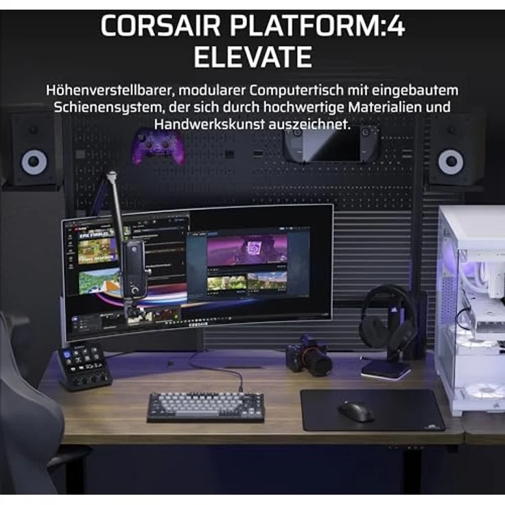 Corsair Platform:4 Elevate, Höhenverstellbarer Gaming-Schreibtisch 120 cm x 76 cm mit elektrischer Verstellung, USB-Anschluss, Monitorarm – Walnuss Dunkel Beize – Bild 2