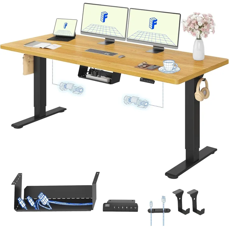 FLEXISPOT Höhenverstellbarer Schreibtisch mit 2 Motoren & 25MM einteiliger Tischplatte,ergonomischer Bürotisch - 180x80 cm Ahorn, schwarzes Gestell
