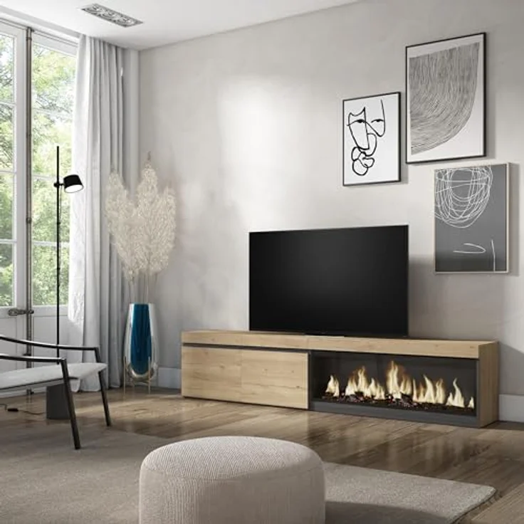 Skraut Home | TV-Schrank, Lowboard | für Wohnzimmer und Esszimmer | 210 | Für TV-Geräte bis zu 80" | Elektrokamin XXL | Moderner Stil | Eiche – Bild 2