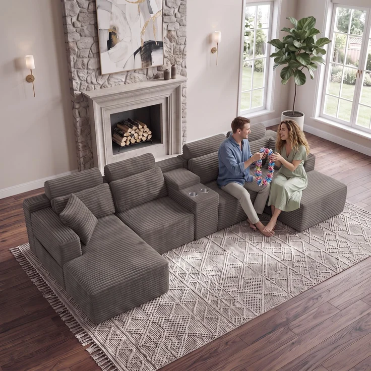 ZUBALIYA Boneless Compression Sofa, U-förmiges modulares Sofa mit integrierten Becherhaltern, Khaki, 372 x 151 x 80 cm – Bild 7
