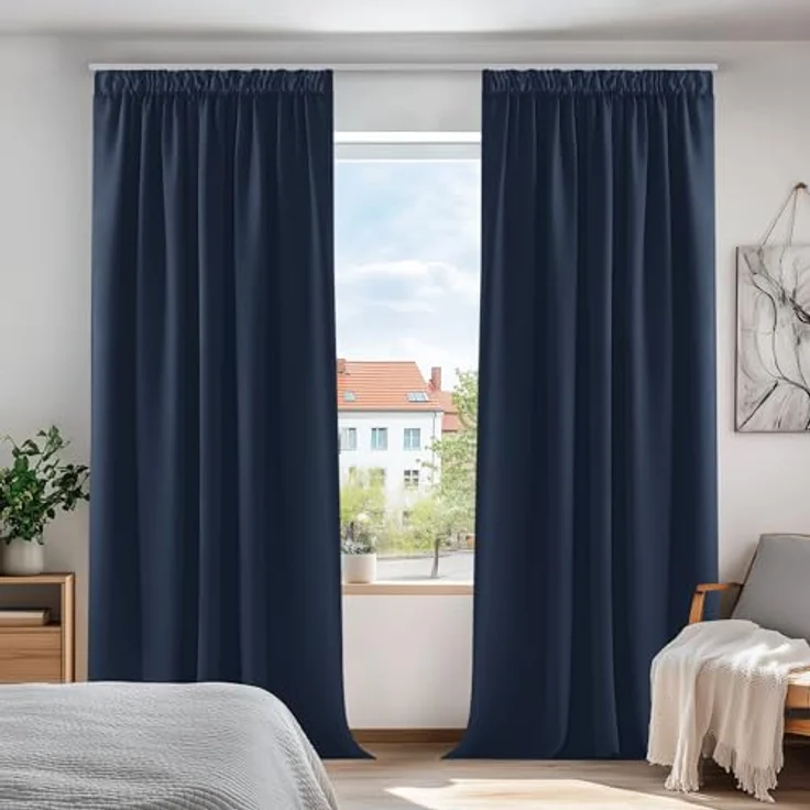 Deconovo Verdunkelungsvorhang Kräuselband Blickdicht Gardine Dunkelblau | 2er Set, H 240 x B 140 cm, Thermovorhang Hitzeschutz, Wohnzimmer Gardinen, Curtains for Bedroom, für Schienen, Sichtschutz – Bild 1