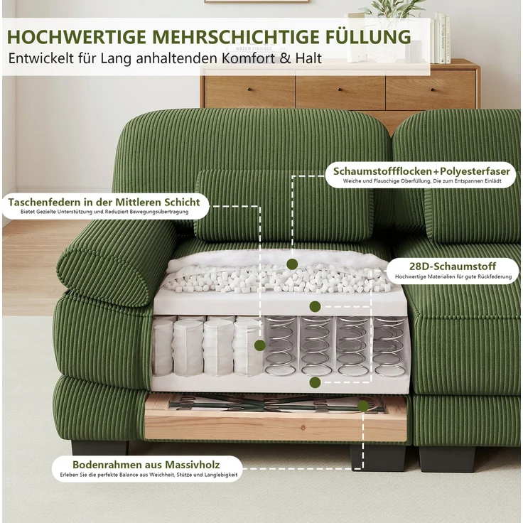 Modulsofa 265x161x94 cm in Grün mit Cordbezug, Hocker und flexibel kombinierbaren Elementen – Bild 5