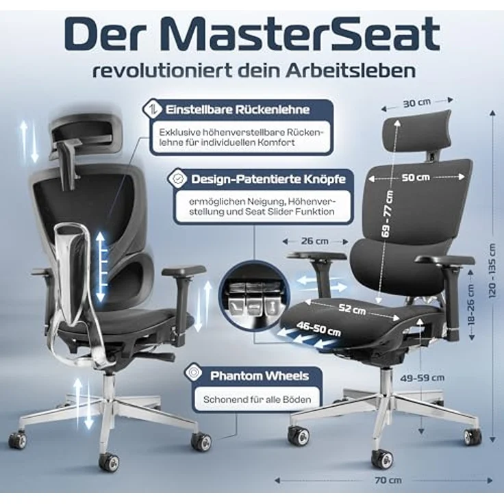 Clouvou MasterSeat Drehstuhl, Schwarz, Textil, ergonomisch, IGR-zertifiziert, höhenverstellbar mit 4D-Armlehnen und Phantom Wheels – Bild 2