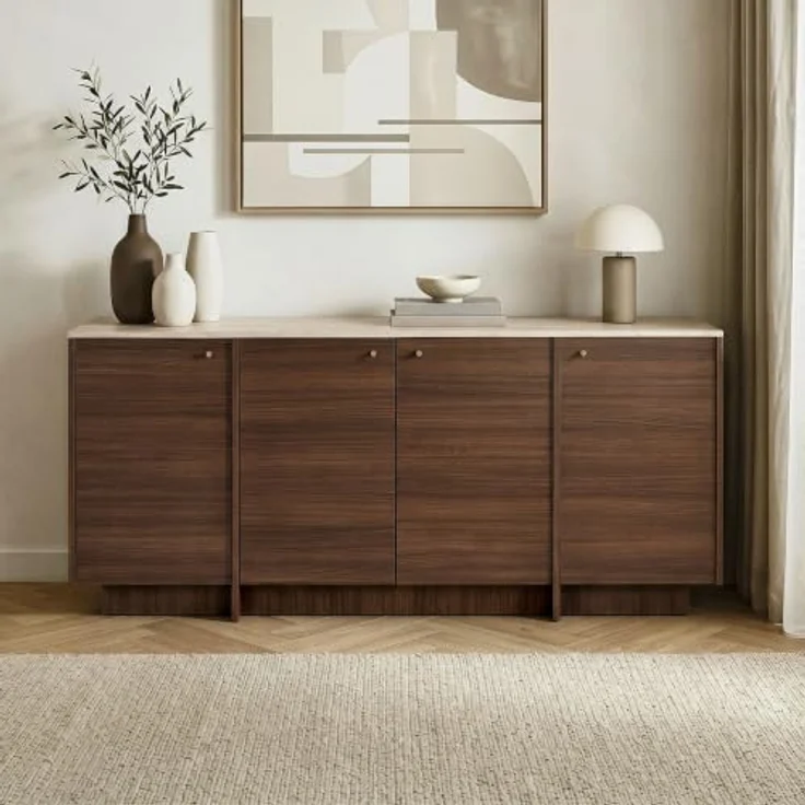 Hanah Home Eleganter Konsolentisch, 180 cm, Travertin & Mailänder Nussbaum, 100% melaminbeschichtete Spanplatte, 18 mm dick, Metallgriff | Perfekt für Moderne Wohnzimmer – Bild 3
