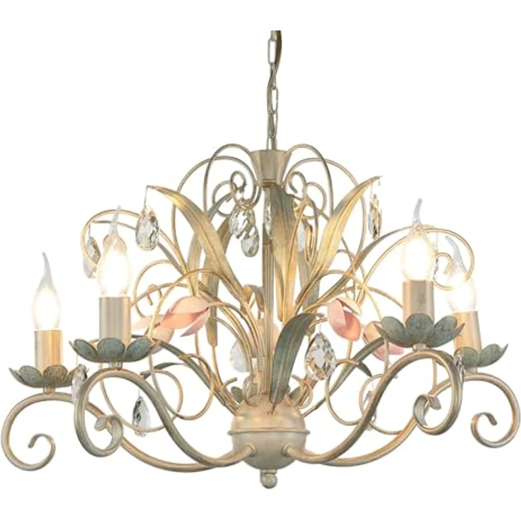Licht-Erlebnisse Luce Pendelleuchte, florales Design mit handbemalten Verzierungen, höhenverstellbar, E14 Fassung, Rosa-Grün – Bild 2