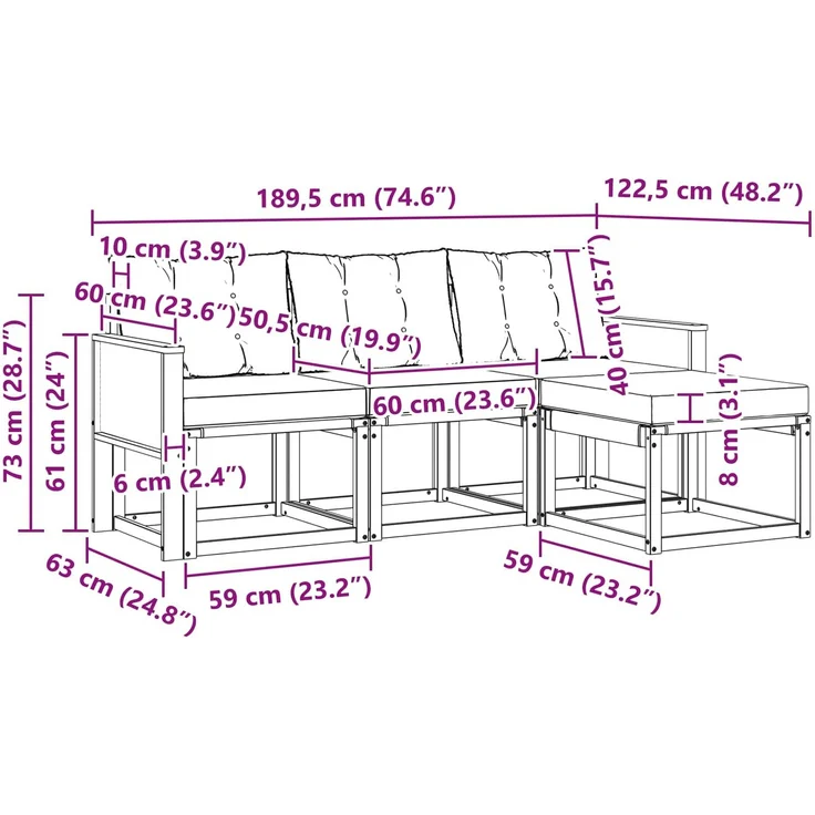 vidaXL Outdoor-Sofagarnitur mit Kissen 4 pcs Natürlich und Schwarz 3381868 – Bild 7