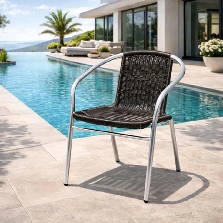 Stabiler Aluminuim / Polyrattan Bistrostuhl stapelbar Silber / Schwarz – Bild 1