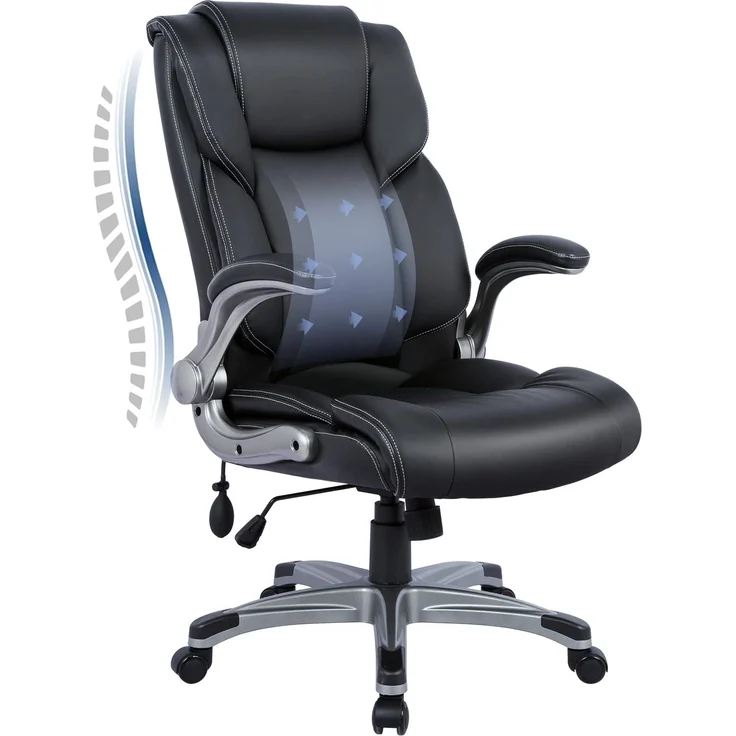 MOLOL Ergonomischer Bürostuhl aus Kunstleder, Schreibtischstuhl mit 74,9 cm hoher Rückenlehne und aufblasbarer Lendenstütze, Drehstuhl mit klappbaren Armlehnen, für Büro Homeoffice Gaming, Schwarz