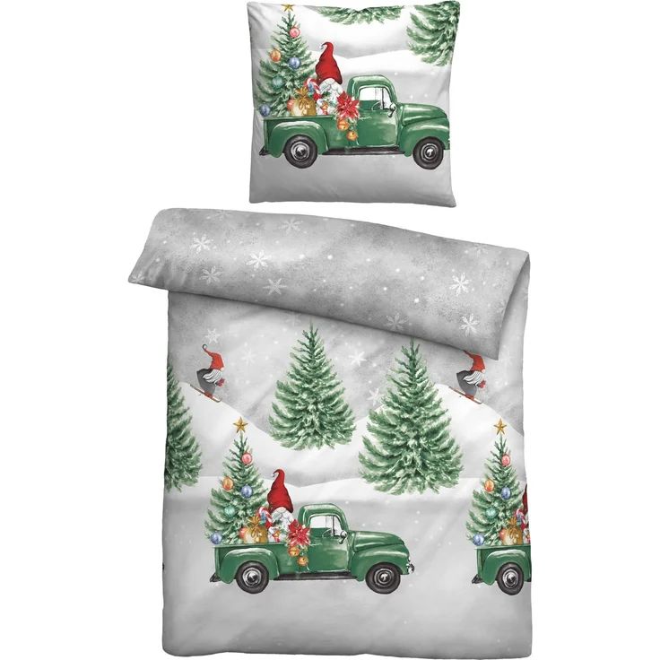 biberna Feinbiber Bettwäsche 0004102 WICHTEL & WEIHNACHTSBAUM, sturmgrau, 1x 135x200 cm + 1x 80x80 cm – Bild 1