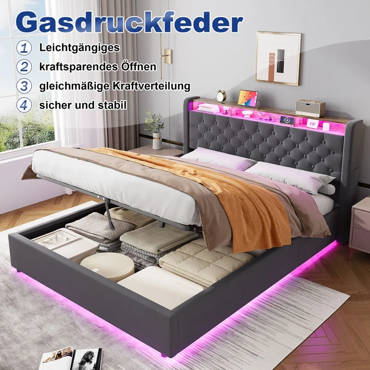 Polsterbett 160x200 cm mit Stauraum-Kopfteil und großem Bettkasten, Dunkelgrau – Ohne Matratze – Bild 6