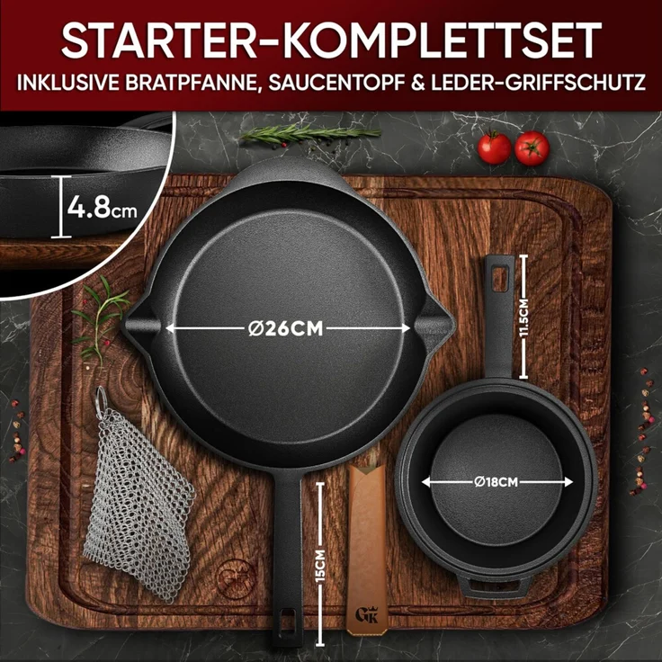 Gusseisen Set 10-teilig in Holzbox – Dutch Oven 4,5 l, Pfanne Ø 26 cm, Grillplatte, Zubehör & Rezeptbuch, ideal für Grill & Outdoor – Bild 6