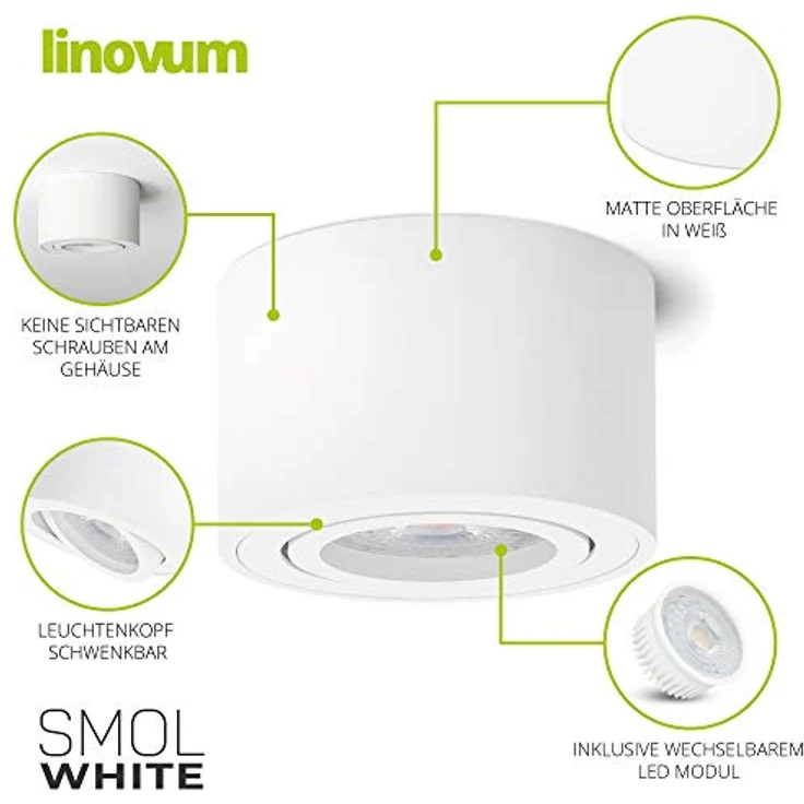 linovum LED Aufbaustrahler 6 x Aufbauleuchte SMOL schwenkbar in weiss matt & rund mit LED 4W, Warmweiß – Bild 5