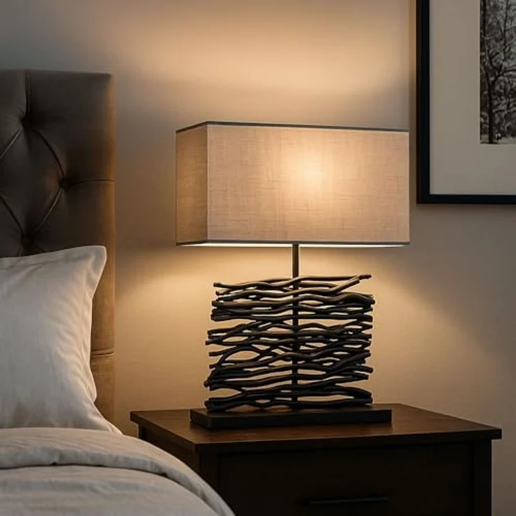 LED Tischleuchte, Holz, Stoffschirm, grau, schwarz, H 50 cm – Bild 6