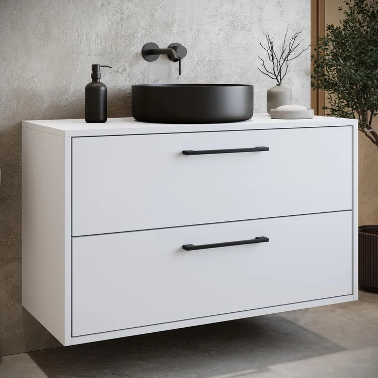 Badplaats Waschtischunterschrank Florence 80 x 46 cm – Matt Weiß – Hängender Unterschrank mit 2 Schubladen und schwarzen Griffen – Bild 2