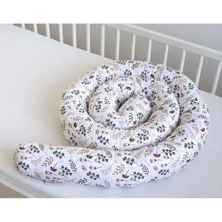 Loolay Nestchenschlange BRAUN Blumen BIO-Baumwolle Multifunktion PREMIUM Bettschlange Schlange, (Bettumrandung Krabbeldecke Babybett Umrandung Schlange Bett Kopfschutz, Zierkissen Bettrolle Dekokissen Zugluftstopper - Super GESCHENK), LOOLAY® - 100% Eu... – Bild 2